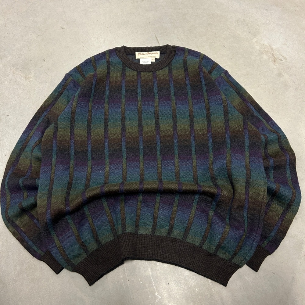 Norm Thompson Mens Merino Wool Blend Striped Crewneck Sweater Brown Green Medium